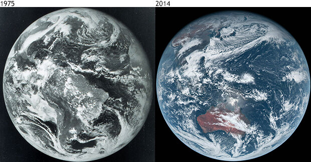 GOES-1 satellite image from October 25, 1975, and similar image from Himawari-8 satellite