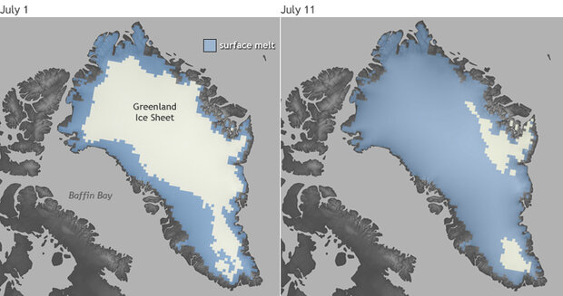 Comparison of maps showing Greenland surface melt in July 2012