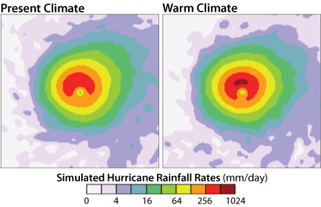 Comparison of color-coded maps of a typical hurricane's ranfall today and in the future