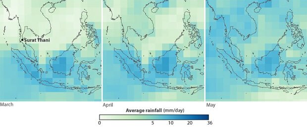 Maps showing average rainfall in Thailand from March through May