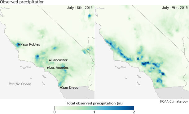 Map pair showing daily precipitation totals for southern California on July 18 and July 19, 2015.