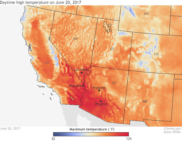 Map of the southwestern U.S. showing maximum temperature on June 20, 2017 according to RTMA