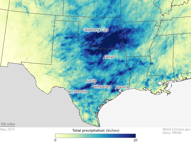 Map showing total rainfall across the Southern Plains in May 2015
