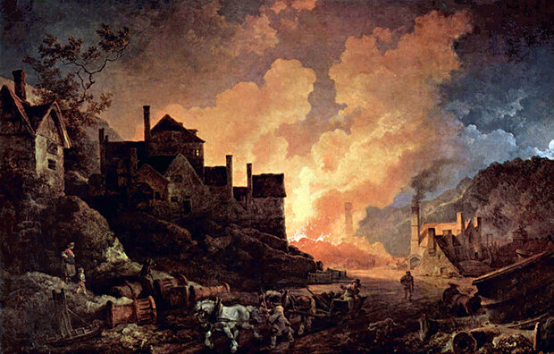 DIgital image of a painting of a fire burning in a coal pile in a small village