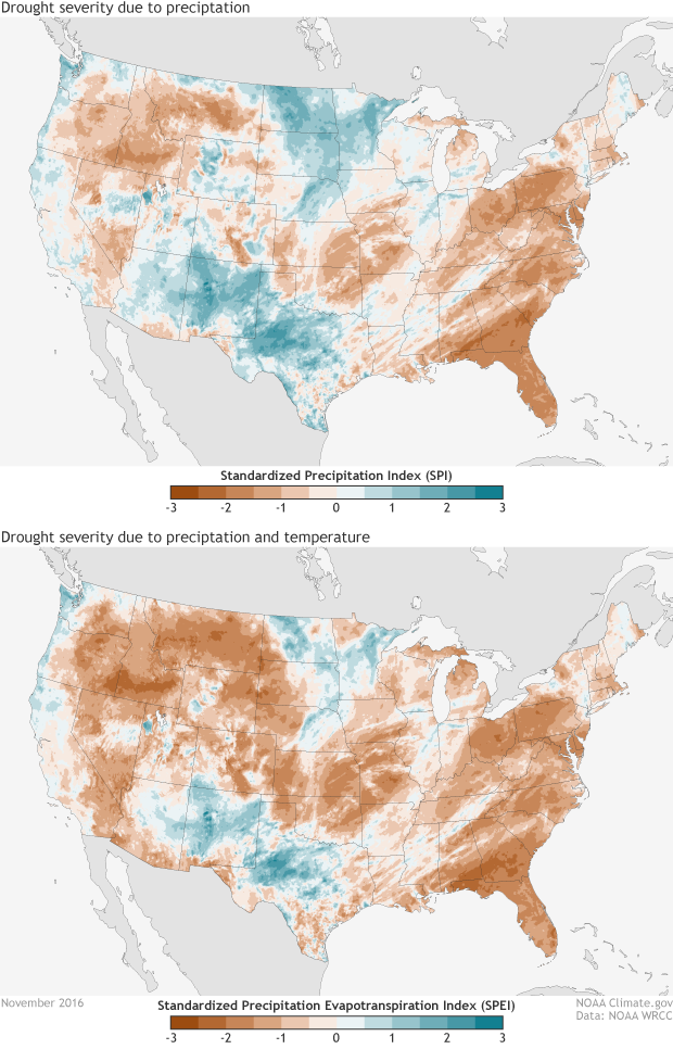 Two maps of United States showing the contribution of precipitation (top) and temperature (bottom) to the western drought