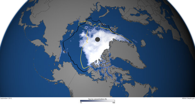 Map of sea ice concentration in the Arctic on September 16, 2012.