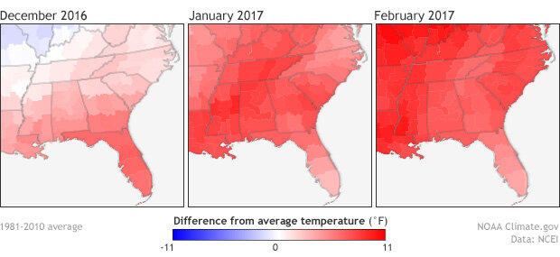Maps show temperature anomalies for the southeastern United States, from December 2016 (left) through February 2017 (right)