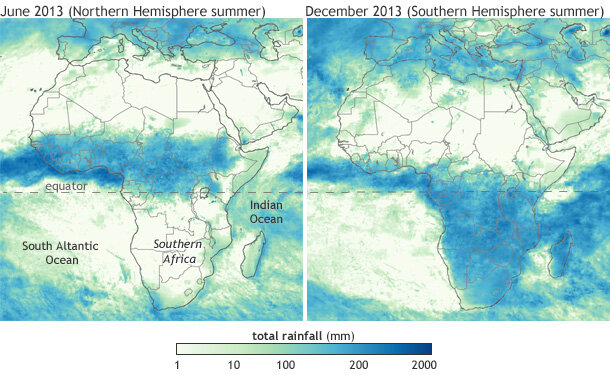 Map pair showing monthly rainfall over Africa in June 2013 (left) and December 2013 (right)