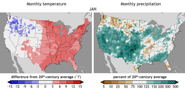 side by side maps of US monthly temperature and precipitation anomalies for Jan-Jul 2017 showing how areas experiencing extremes shifted around a lot