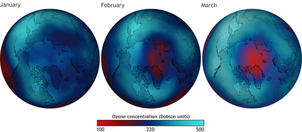 Maps showing decline of ozone concentrations in the Arctic stratosphere from January–March 2011