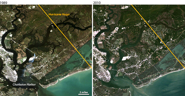 A pair of Landsat images showing the area where Hurricane Hugo made landfall. Left image is from 1989. Right image showing significantly more development is from 2010.
