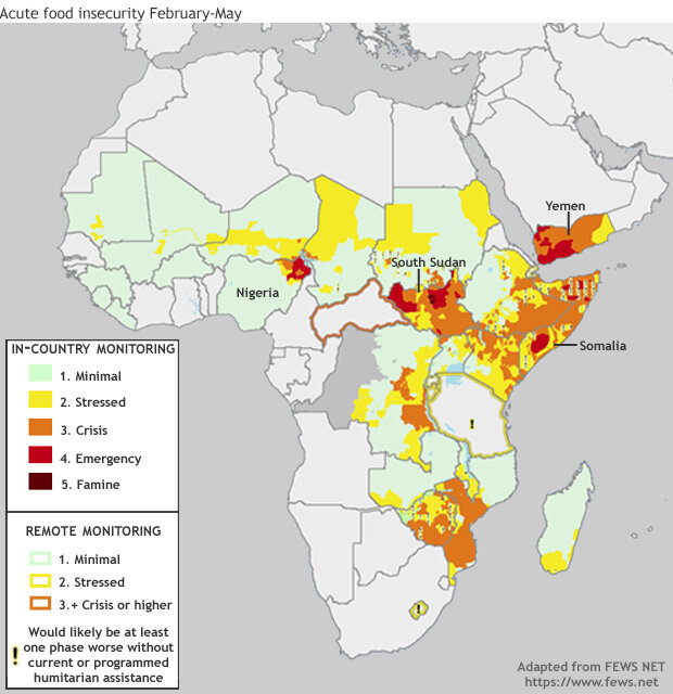 USAID FEWS-NET Food insecurity map of Africa February-May