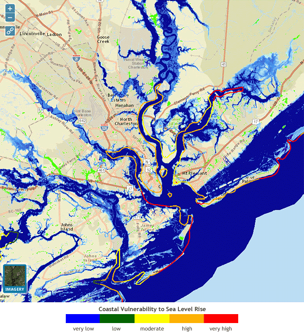 Map showing highest vulnerability to Sea Level Rise is around the central portion of Charleston
