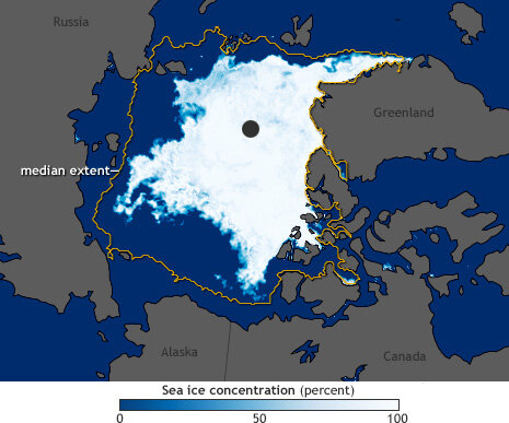 Map of Arctic sea ice concentration on September 9, 2011.