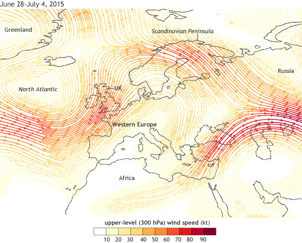 Map showing average upper-level (300hPa) winds from June 28 - July 4, 2015 across Europe