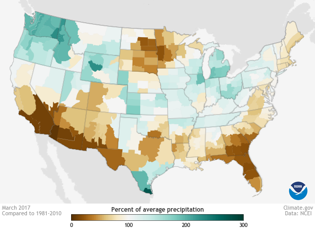 Map of the U.S. that  shows the percent of average precipitation for March 2017, compared to the 1981–2010 average, for the contiguous United States