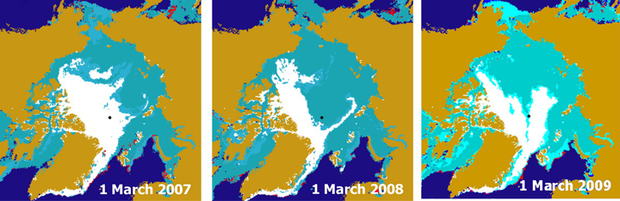 Arctic sea ice age/thickness in March, 2007-2009