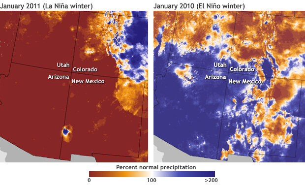 Southwest precipitation percent normal compare Jan LaNina ElNino