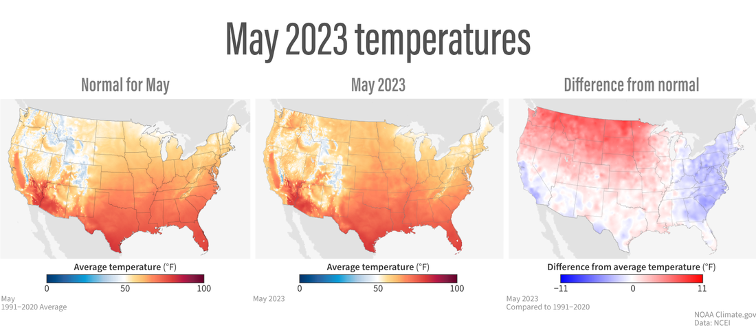 Trio of U.S, maps showing normal May temperatures (left), May 2023 tempertures (center), and difference from average temperature (right)recipitaion (right)