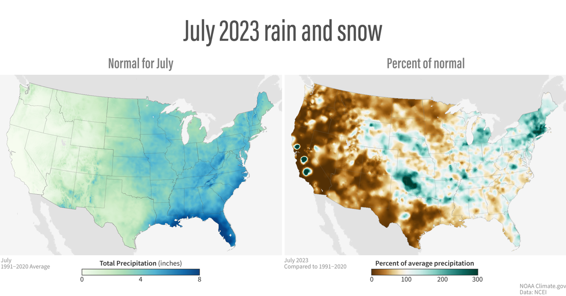 US precipitation maps for July 2023