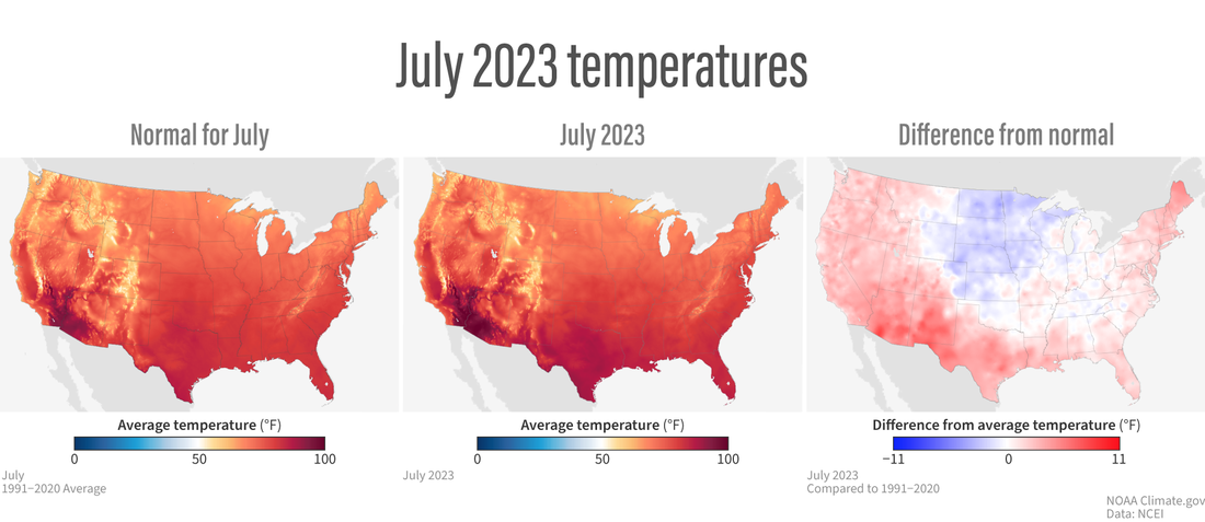 Trio of U.S. temperature maps July 2023