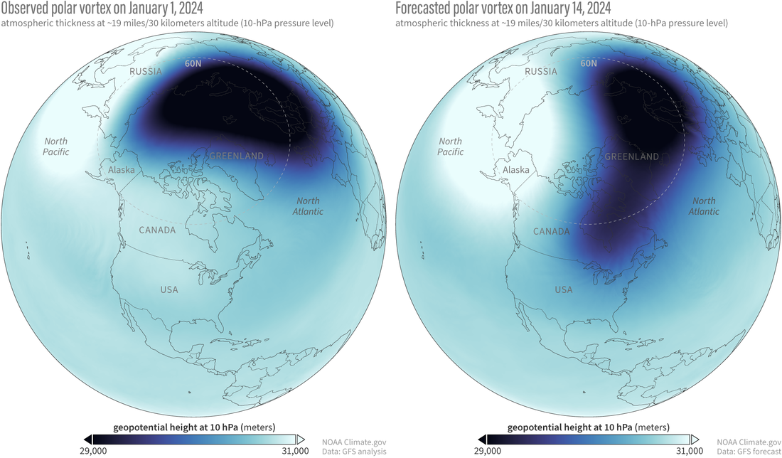 Globe-style maps of recent and forecasted shape of polar vortex