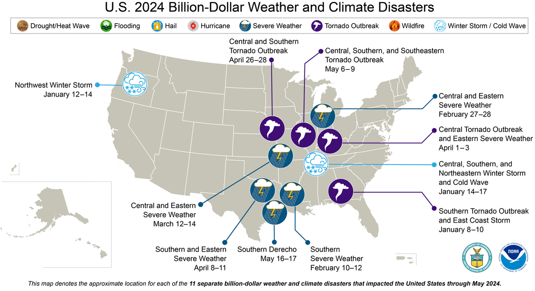 U.S. map of 2024 to date billion-dollar disasters showing location and type of events