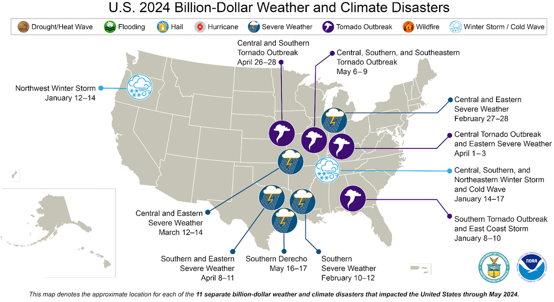 Map of contiguous United States with icons showing location and type of disasters so far in 2024