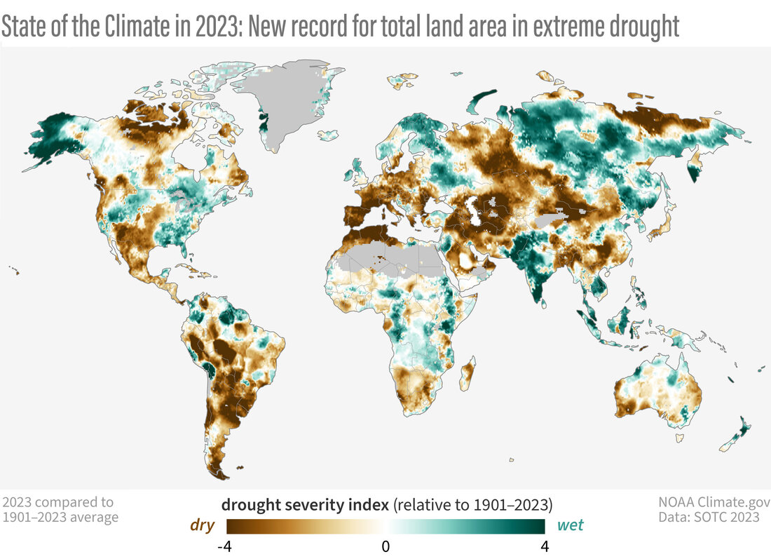 Global map of which land areas experienced either drought or wet conditions in 2023