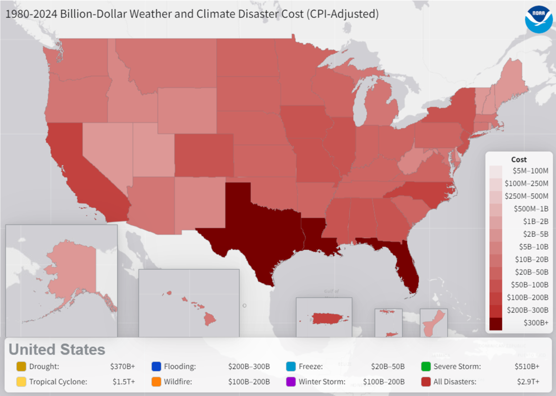 Map of United States showing state costs of disasters