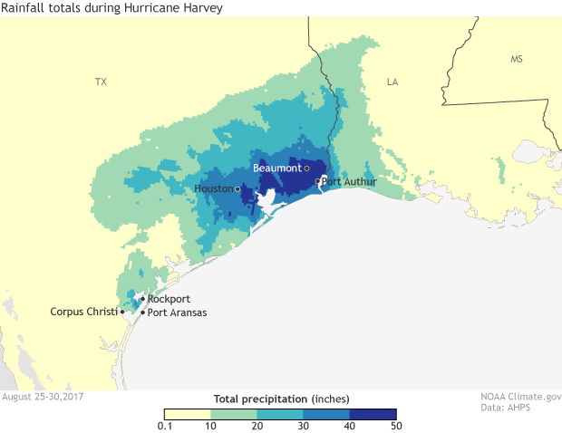 Map of rainfall totals from Hurricane Harvey
