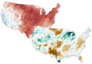 Two U.S. maps partially overlapping showing temperature and precipitation anomalies for March 2025