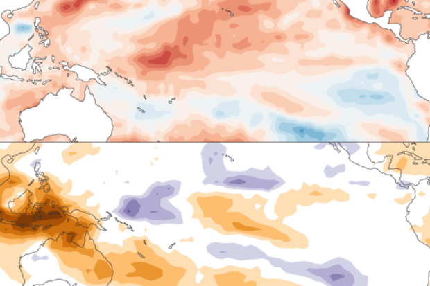 Two maps (stacked vertically) showing tropical Pacific ocean temperatures (top) and cloud patterns (bottom) 