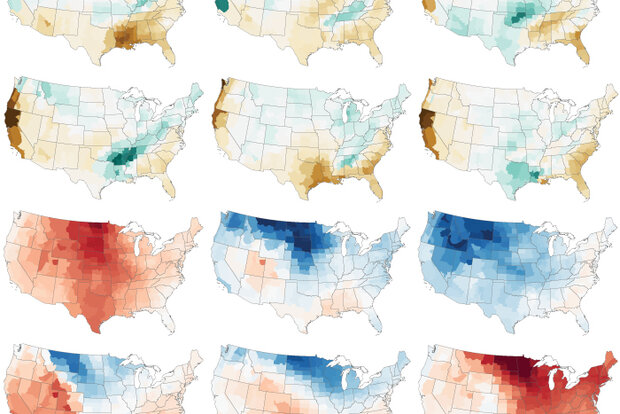 Small US maps showing La Niña winter precipitation and temperature patterns