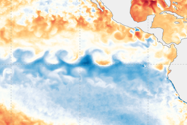 Map of water temperatures in the tropical Pacific in mid-February 2022
