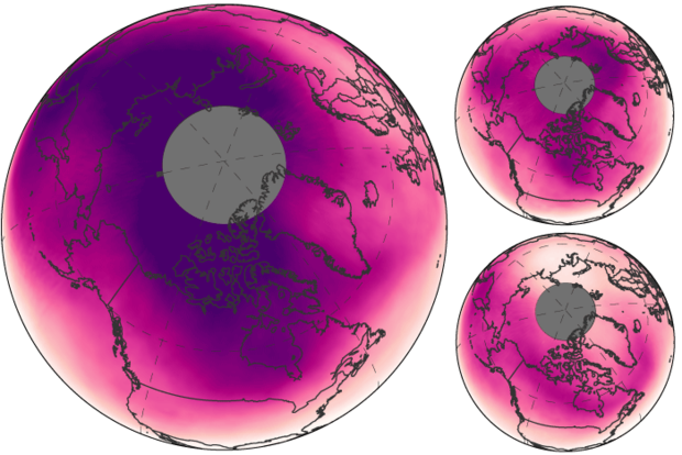 3 maps of Northern Hemisphere ozone