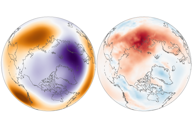 two maps of northern hemisphere atmospheric thickness and temperature