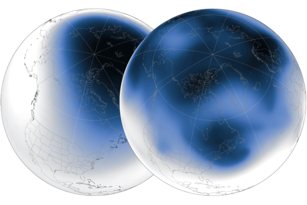 Two Northern Hemisphere maps of atmospheric thickness