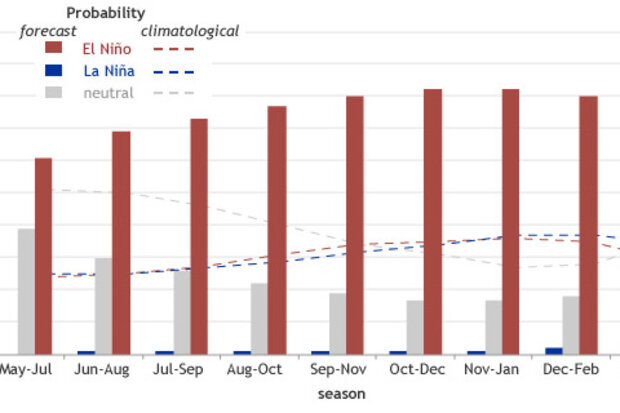 Bar chart of ENSO probabilities for May 2014 through spring 2015