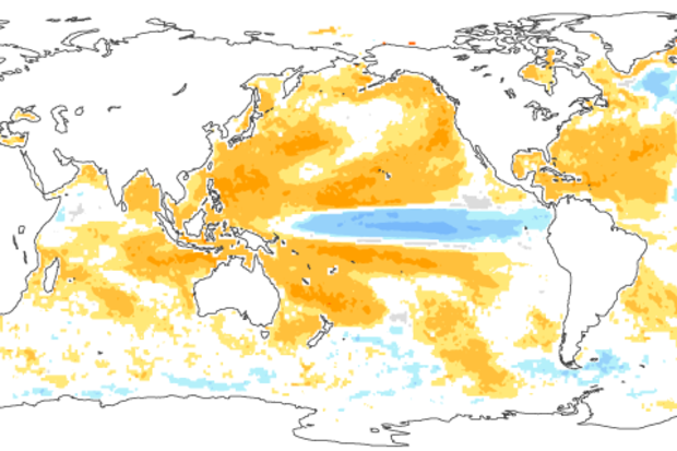 Map of sea surface temperature forecast for the September-November period. Blues over the equator indicate a forecast la Nina while the rest of the Pacific, Indian and Atlantic ocean are orange indicating warmer than average temperatures.